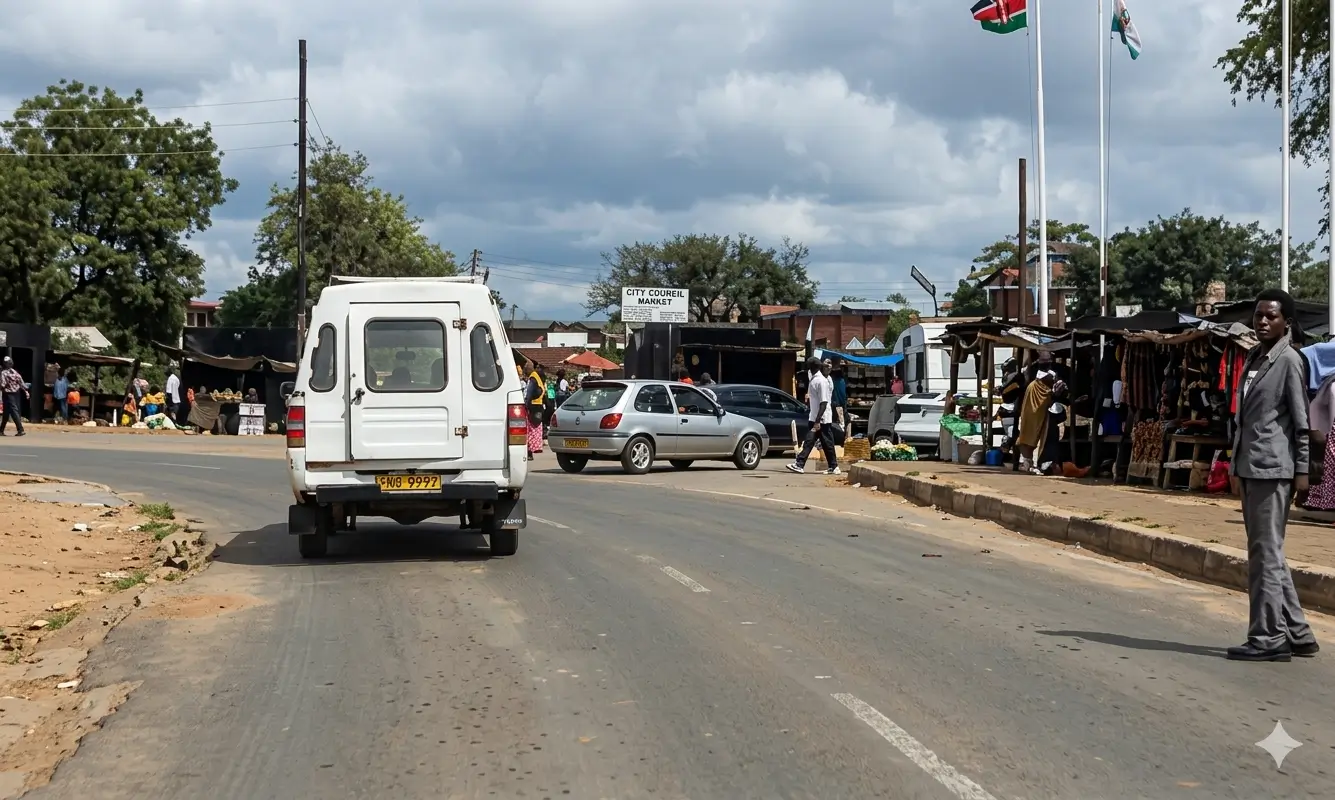 Daytime road view from behind a white bakki, with a pedestrian on the right sidewalk and other vehicles ahead in a town area